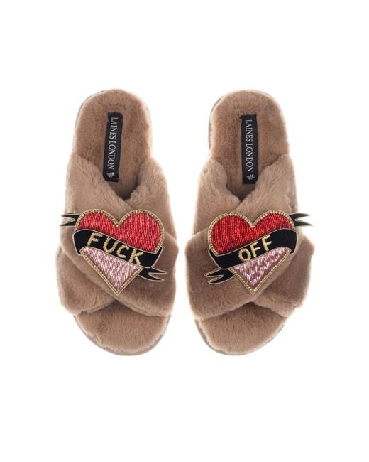 Laines London Brown Classic Laines Slippers With Fuck Off Brooches