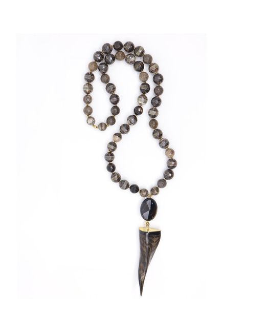 Shar Oke Metallic Horn Tusk Amulet & Tibetan Agate Statement Beaded Necklace