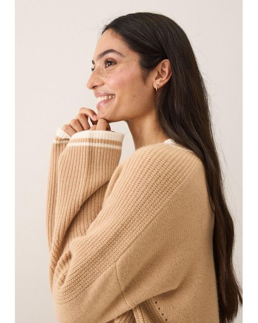 Loop Cashmere Natural Neutrals Striped Tipped V Neck Lofty Sweater