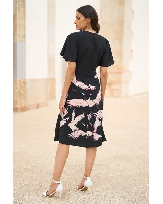 Yumi' Black Recycled Fabric Crane Print Kimono Midi Dress
