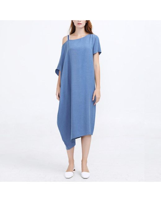Smart and Joy Blue Asymmetrical Minimalist Cupro Fitted Dress