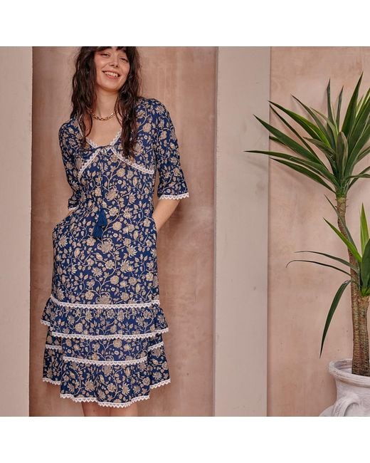 LAtelier London Blue Floral Block Print Cotton Dress
