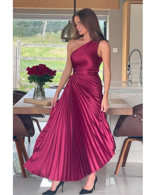 Girl In Mind Pink Aoife One Shoulder Pleated Midi Dress Berry