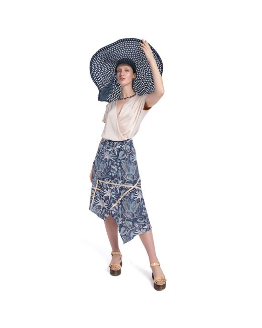 Lalipop Design Blue Floral Print Silky Touch Viscose Midi Asymmetric Skirt