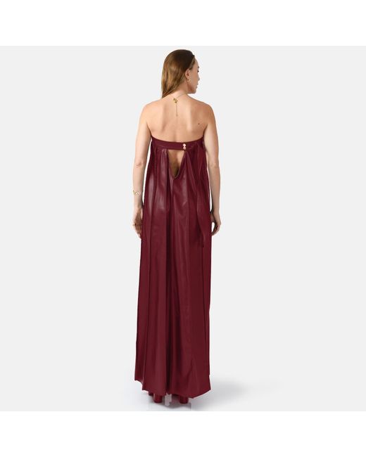 Kargede Purple Pleated Burgundy Leather Maxi Dress – Strapless Designer Evening Gown