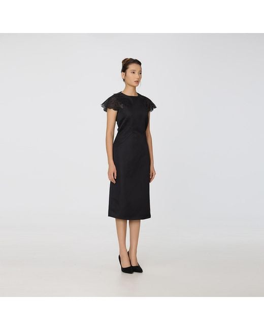 Smart and Joy Black Satin Shoulder Lace Inlay Dress