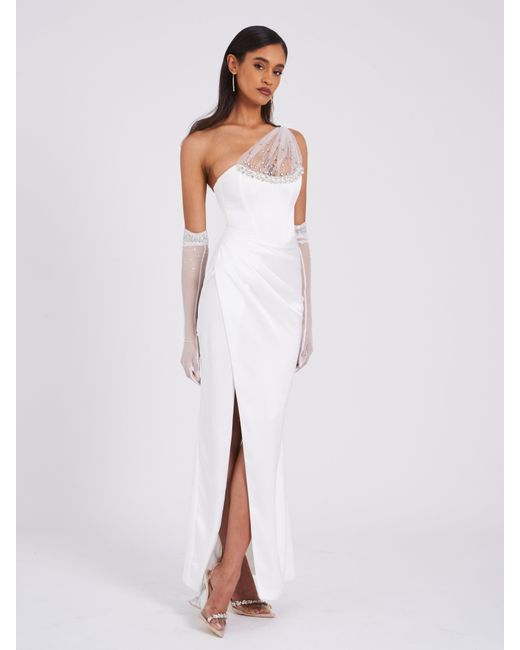 Miss Circle New York White Lora Crystal Embellished Mesh Satin Corset Gown