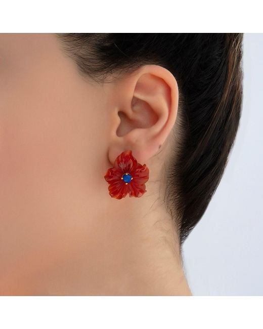 Milou Jewelry Red Carnelian Agate Flower Earrings With Lapis