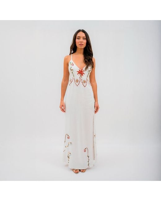 Laura Slings White Beaded Beach Dress With Floral Flowers Embroidery And Embellished Details
