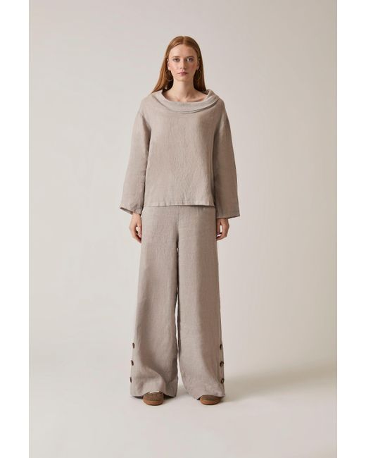James Lakeland Multicolor Neutrals Cowl Neck Linen Taupe Top