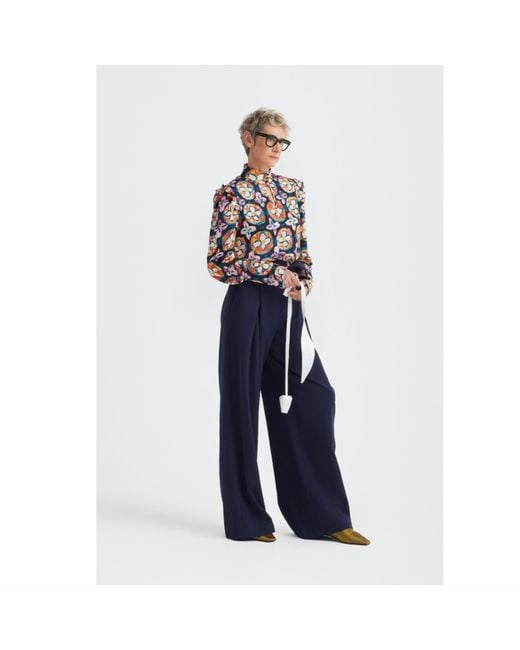 Julia Allert Multicolor Designer Satin Blouse With Bishop Sleeves And Stand Collar – Print