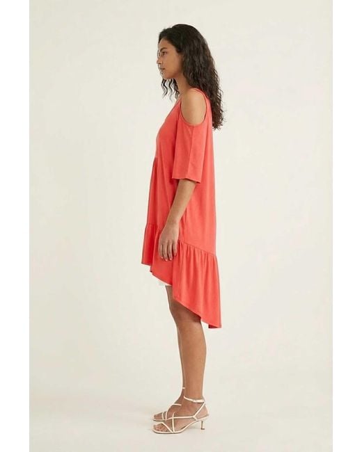 Conquista Red Flowing Cold-Shoulder Tunic With High-Low Hem