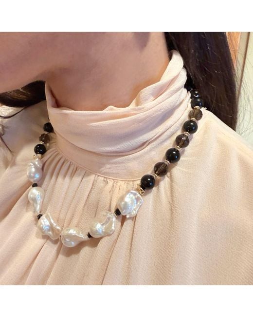 Farra Black Quartz And Obsidian With Baroque Pearl Statement Necklace