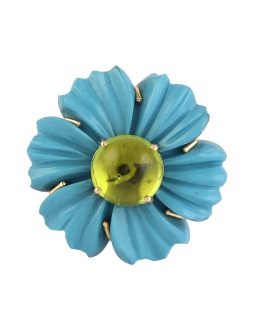 Artisan Blue Flower Carving Turquoise 18k Diamond Peridot Ring
