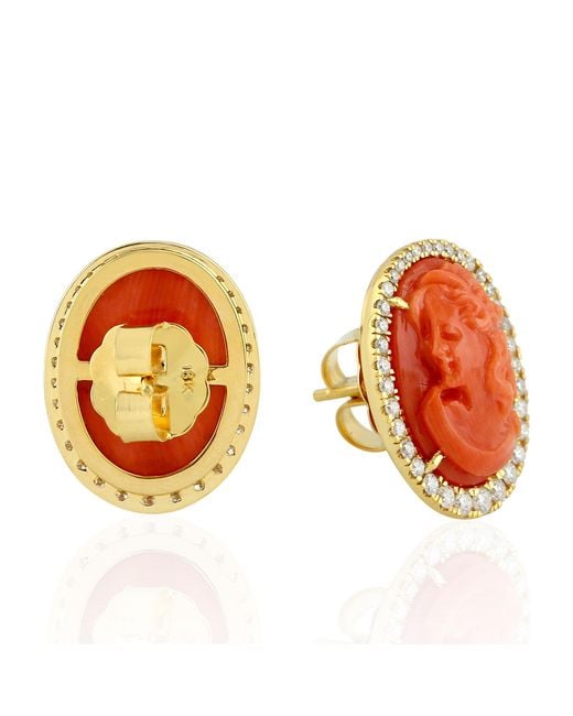 Artisan Orange Carved Coral Cameo & Diamond Stud Earrings