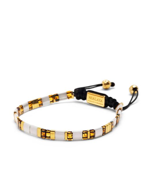 Nialaya Metallic Bracelet With White, Marbled Amber And Gold Miyuki Tila Beads for men