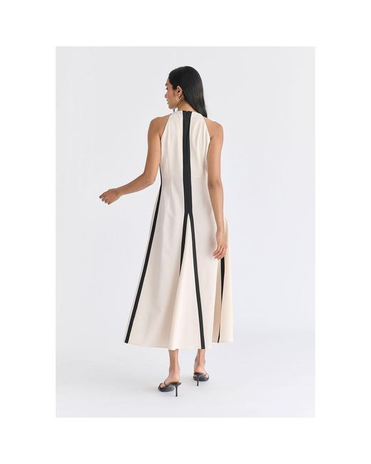 Paisie Natural Neutrals Contrast Details Halterneck Midi Dress