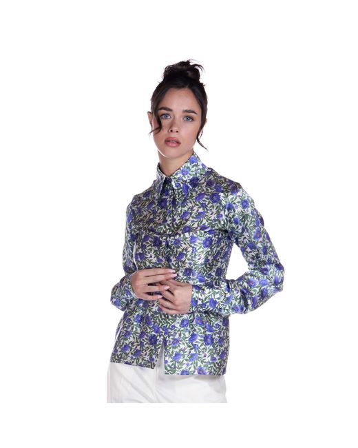 Sofia Tsereteli Blue Silk Shirt In Purple Botanica Print