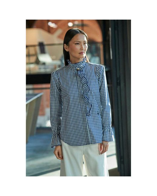 The Extreme Collection Blue Boheme Gingham Blouse With Ruffled Trim And High Collar