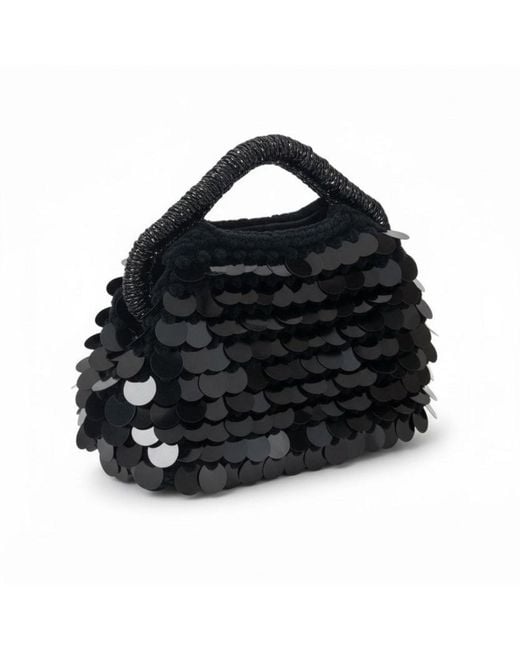 Springmoonatelier Black Hand-Embroidered Sequin Handbag – Velvet Yarn, Completely Handmade