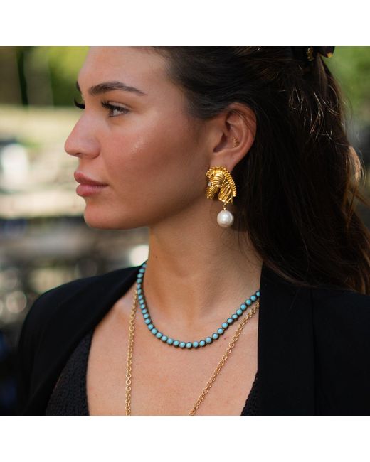 Ebru Jewelry Metallic Majestic Horse & Baroque Pearl Statement Earrings