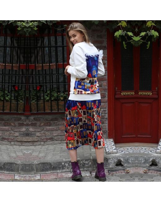 Lalipop Design Blue Multi-Color Pleated Maxi Skirt With House Pattern