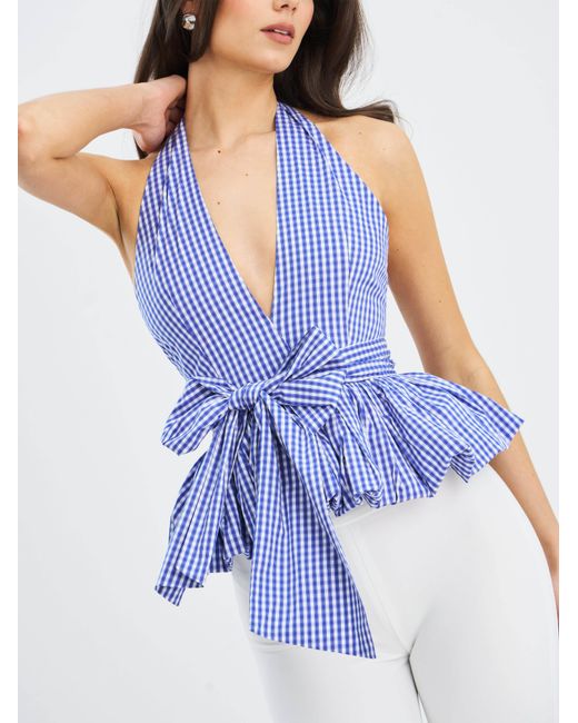 Miss Circle New York Blue Ilene & Checkered Bubble Hem Halter Top
