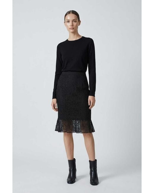 Conquista Black Textured Pencil Skirt With Lace Flounce Hem