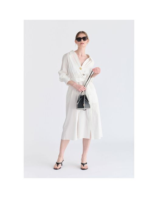Paisie White Wrap Midi Shirt Dress With Metallic Button Details