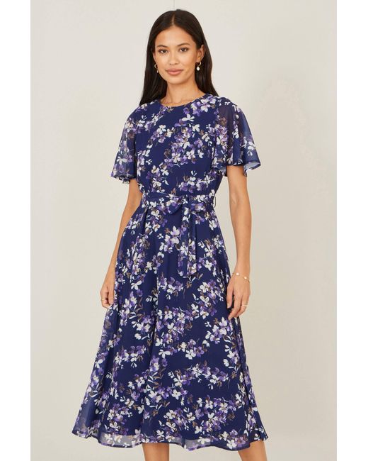 Yumi' Blue Blossom Print Midi Skater Dress With Angel Sleeves