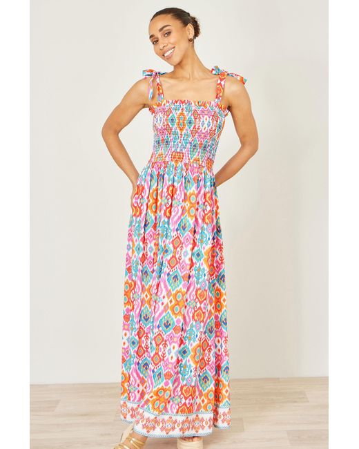 Yumi' Red Multicolour Ikat Print Maxi Viscose Sun Dress