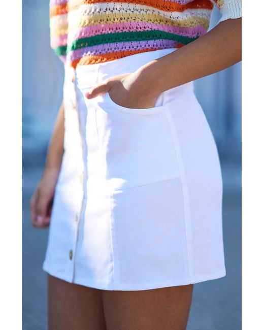 Yumi' White Cotton Stretch Mini Skirt With Button Details