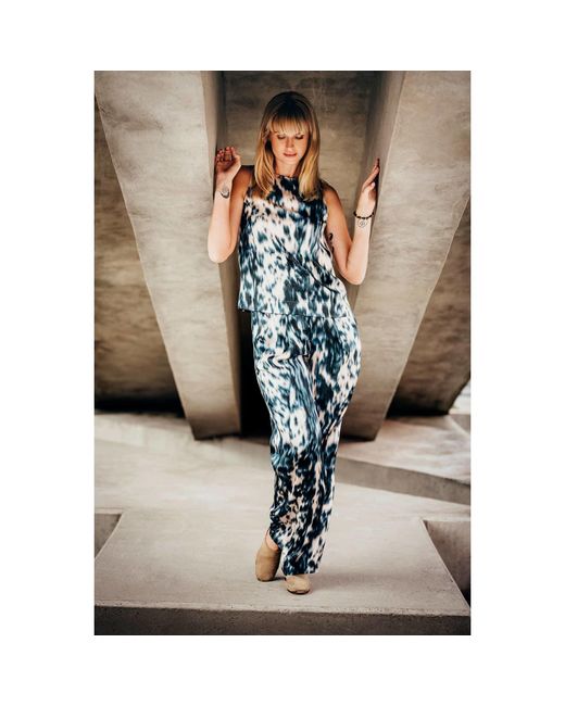 Oh!Zuza Blue Neutrals Echo Wide-Leg Viscose Satin Trousers – Print