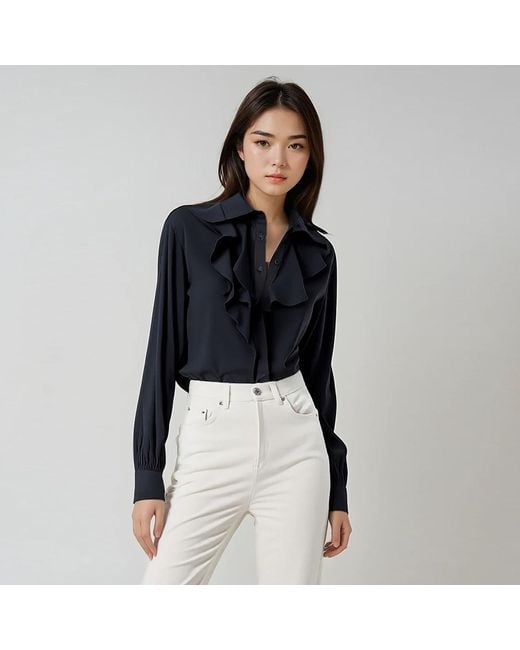 Smart and Joy Black Ruffle Collar Shirt