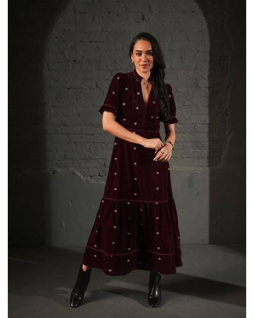 Rose & Nancy Purple Sara Burgundy Heart Embroidered Velvet Dress