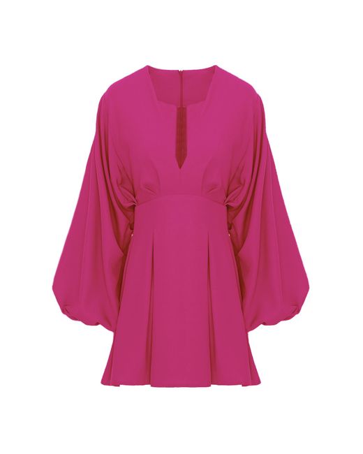 BLUZAT Purple Fuchsia Mini Dress With Balloon Sleeves And V-Neck