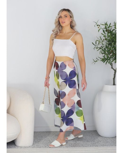 Why Mary Blue Linen Viscose Midi A-Line Printed Skirt