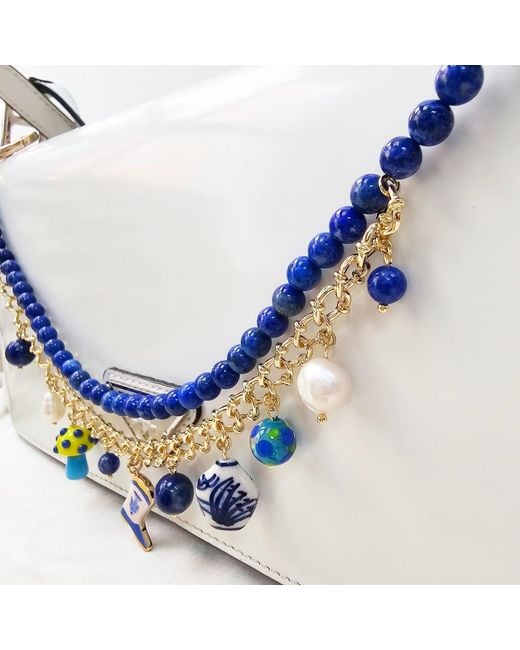 Farra Blue Lapis With Mushroom And Boots Double Layers Chain Bag Charm