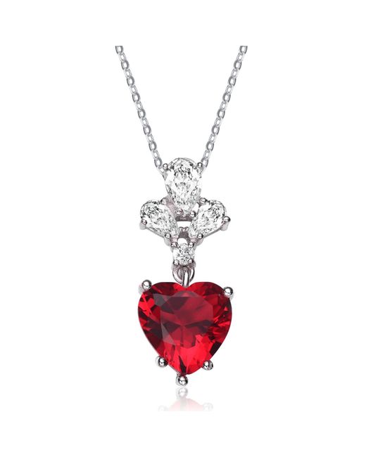 Genevive Jewelry White Sterling Silver Red Cubic Zirconia Heart Pendant Necklace