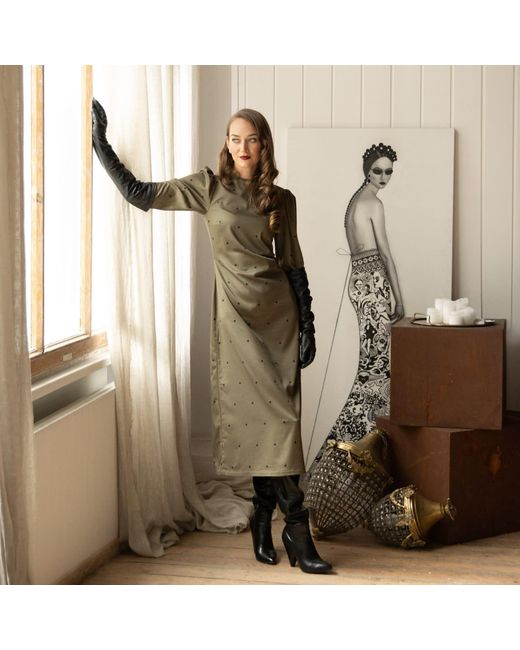 RainSisters Green Long Sleeve Midi Dress: Dotted Charm