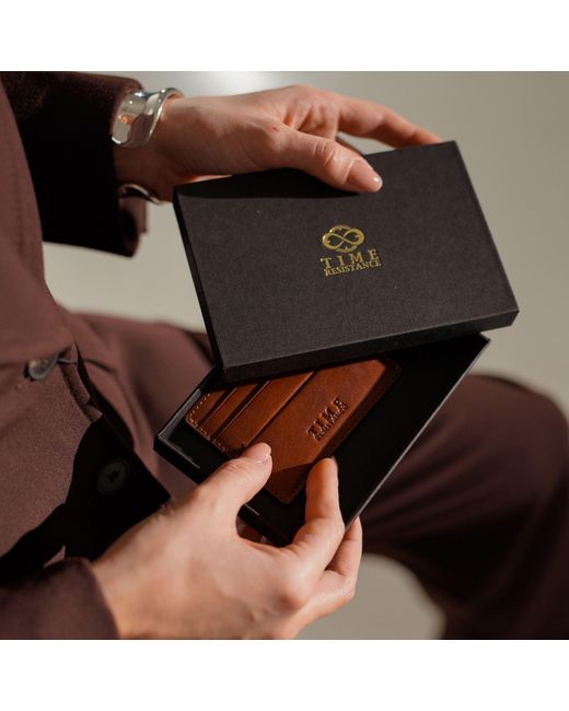 Time Resistance Brown Cognac Leather Credit Card Case Business Card Case