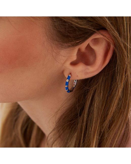 Spero London Blue Enamel Fine Stripe Sterling Hoop Earrings With Multi Color Zirconia Interior