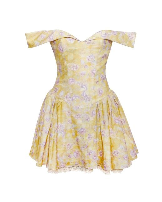 Miss Circle New York Yellow Oana Floral Print Linen Collared Off Shoulder Mini Dress