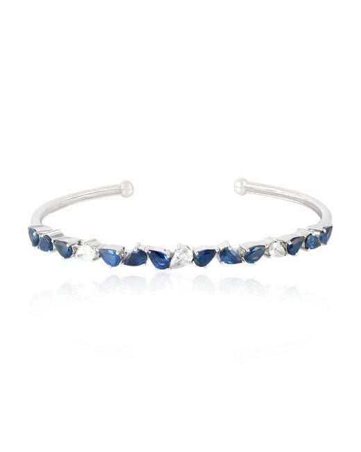 Artisan 18k White Gold Pear Shape Blue Sapphire & Diamond Cuff Bracelet Bangle Jewelry