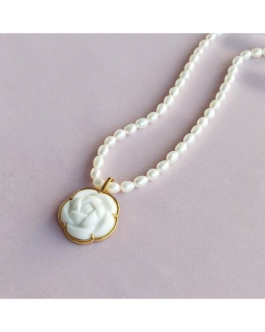 POPORCELAIN Metallic Porcelain Camellia Pearl Necklace
