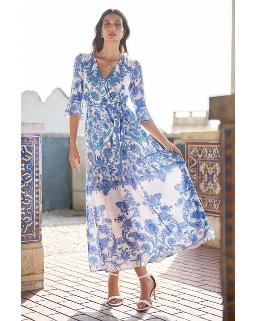 Yumi' Blue Paisley Wrap Maxi Dress