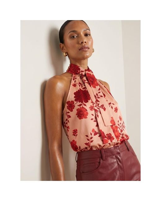 2KStyle Red Dakota Floral Halterneck Satin Effect Blouse