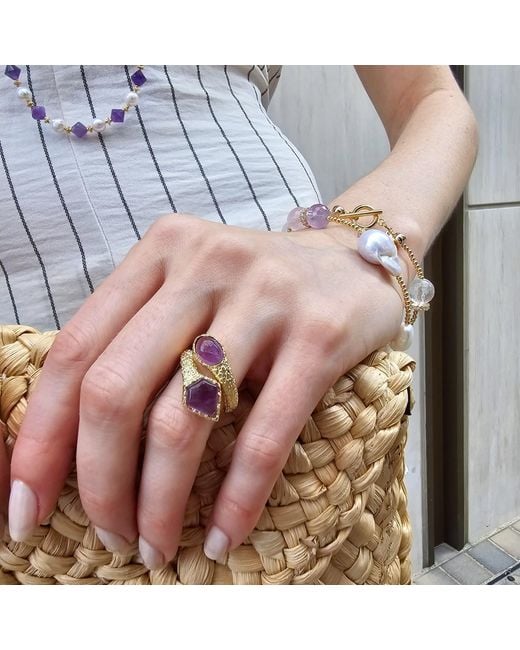 Farra Metallic Baroque Pearls With Rose Quartz And Amethyst Double Layers Bracelet