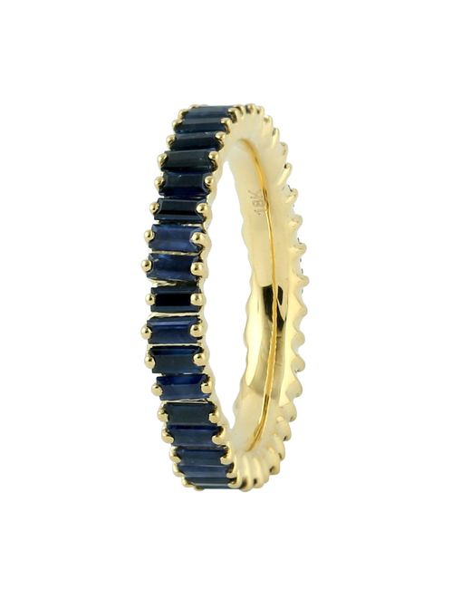 Artisan Metallic Baguette Blue Sapphire Gemstone Band Ring In Solid 18k Yellow Gold