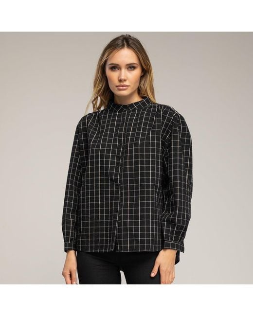 Tantra Spain Sl Black Checkered Shirt With Mandarin Collar And Embroidery On The Shoulder And Back
